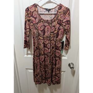 New! Sam & Jo Womens Paisley Print Dress A Line Long Sleeve Maroon Black Size PS